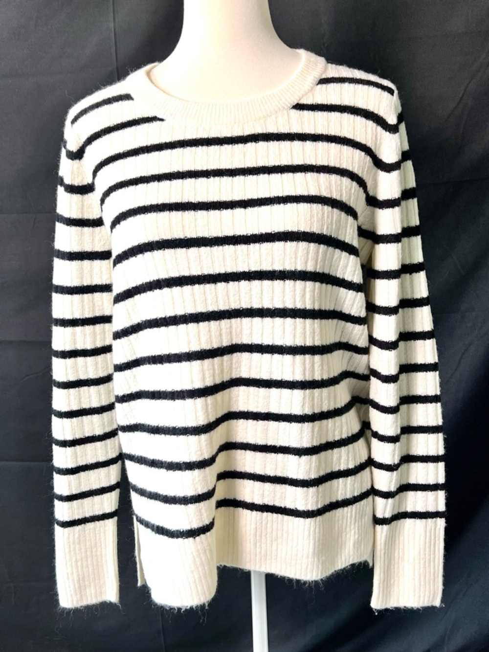 Old Navy Cream and Black Striped Crewneck Sweater